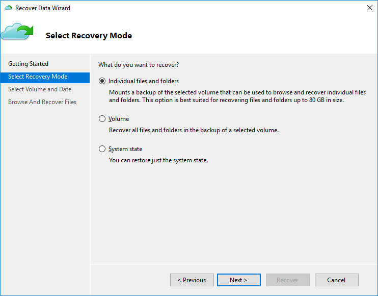 Select Recovery Mode in Microsoft Azure Backup