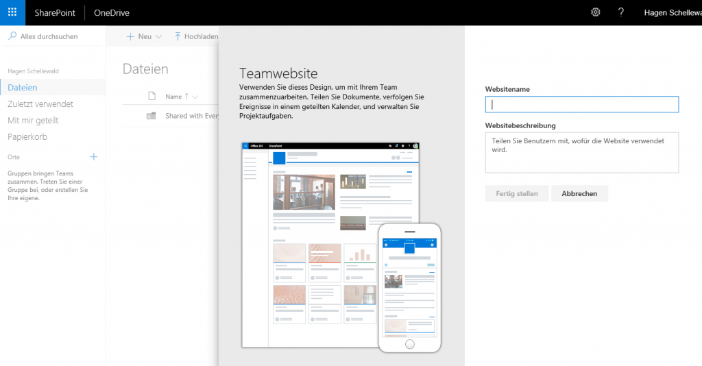 Neue Teamsite über meine OneDrive-Seite erstellen